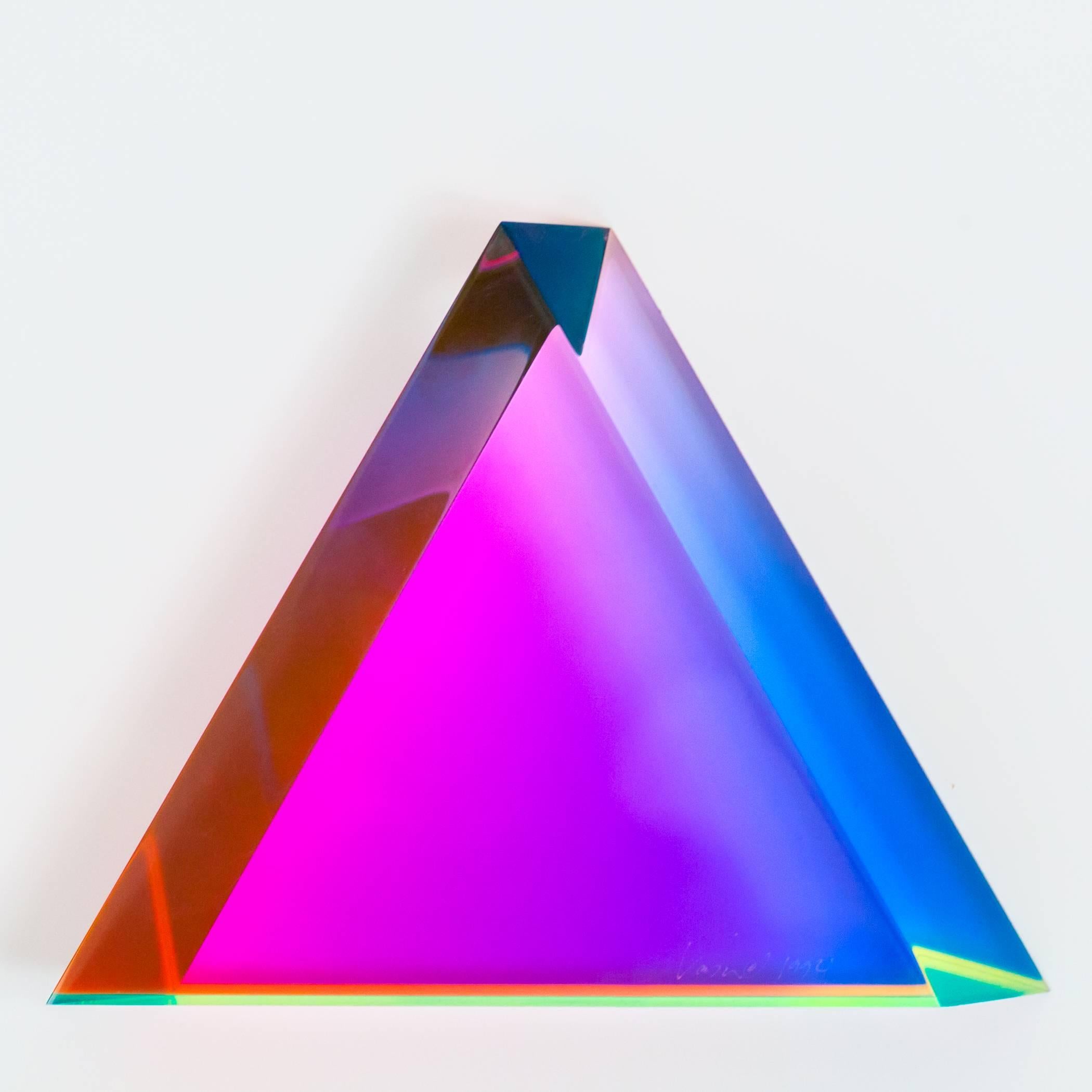The dynamic color-shifting triangle is one of Vasa Mihich's most iconic creations.

This example from 1992, is one of the earliest we've ever handled, and is realized in the artist's favorite palette: candy fuchsia, hazy blue, sun-kissed orange