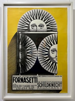 Manifesto della mostra di Fornasetti del 1962, stampa d'epoca, giallo, 94,2x64,1 cm, incorniciato