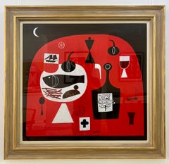 Cuadro de naturaleza muerta con sidra y pescado, acrílico original sobre tabla, 2012
