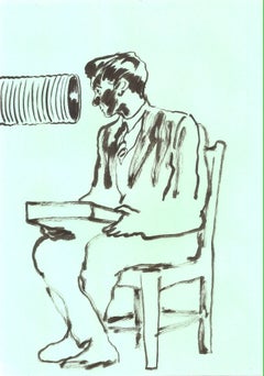 Dai un’occhiata a questo: disegno figurativo a inchiostro, 29,7 x 21, firmato, su carta verde menta