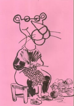 „Die strickende Pantherin“ – figurative Tuschezeichnung, 29,7 x 21, rosa Papier, signiert