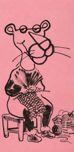„Die strickende Pantherin“ – figurative Tuschezeichnung, 29,7 x 21, rosa Papier, signiert