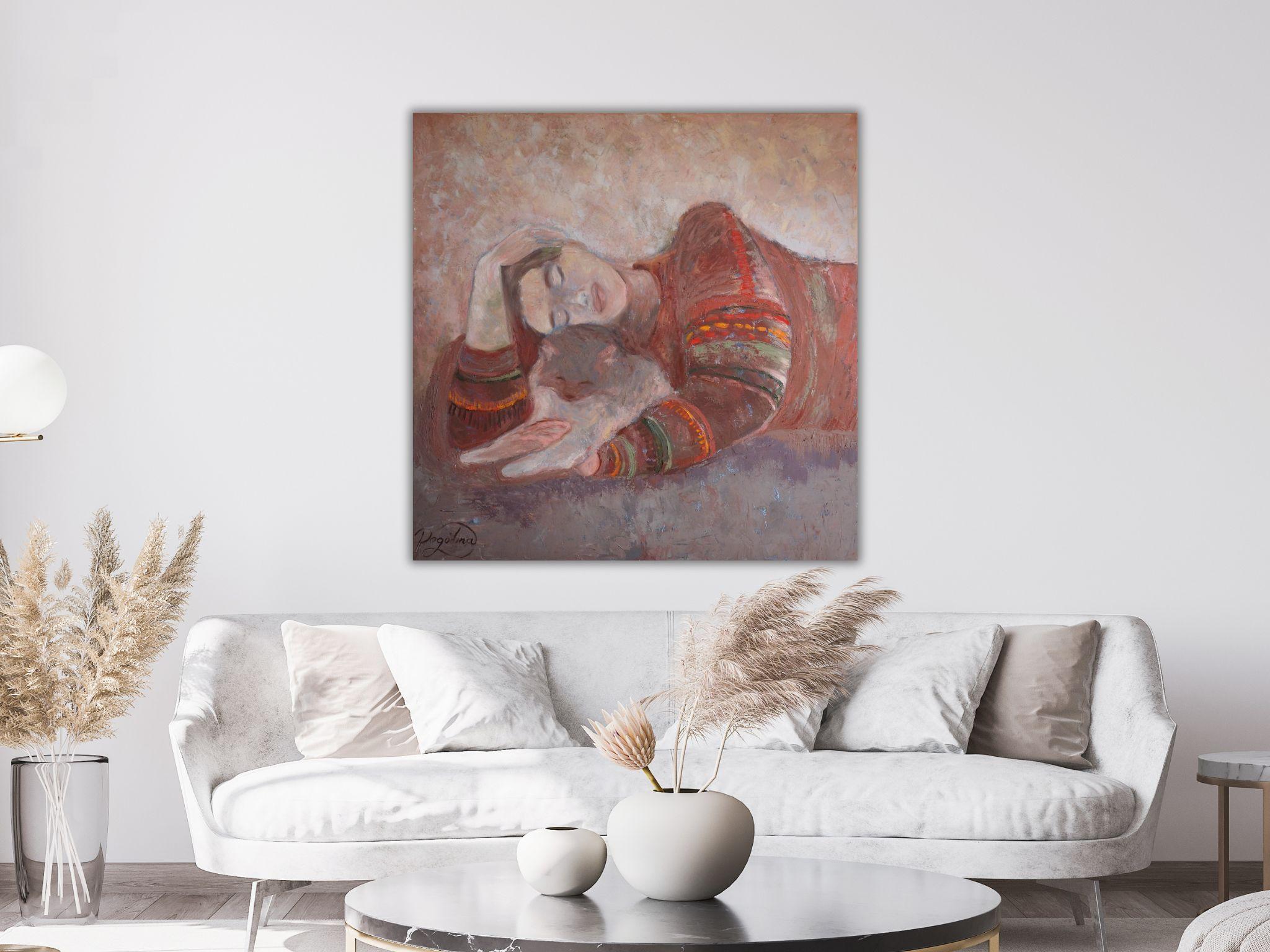 Fragilità Quadro originale con ragazza e gatto Dolce casa Arte rilassante 6