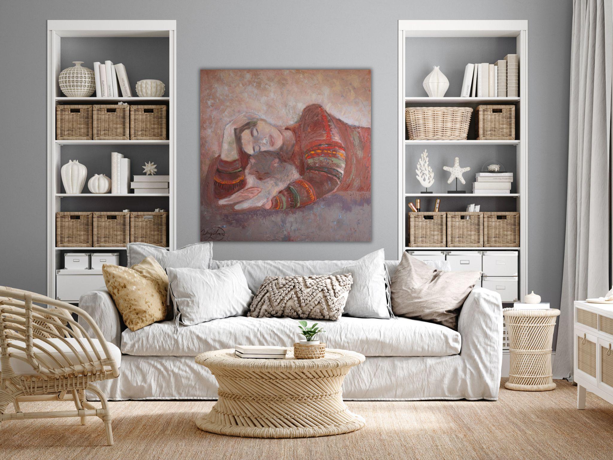 Fragilità Quadro originale con ragazza e gatto Dolce casa Arte rilassante - Animal Painting Marrone di Dasha Pogodina