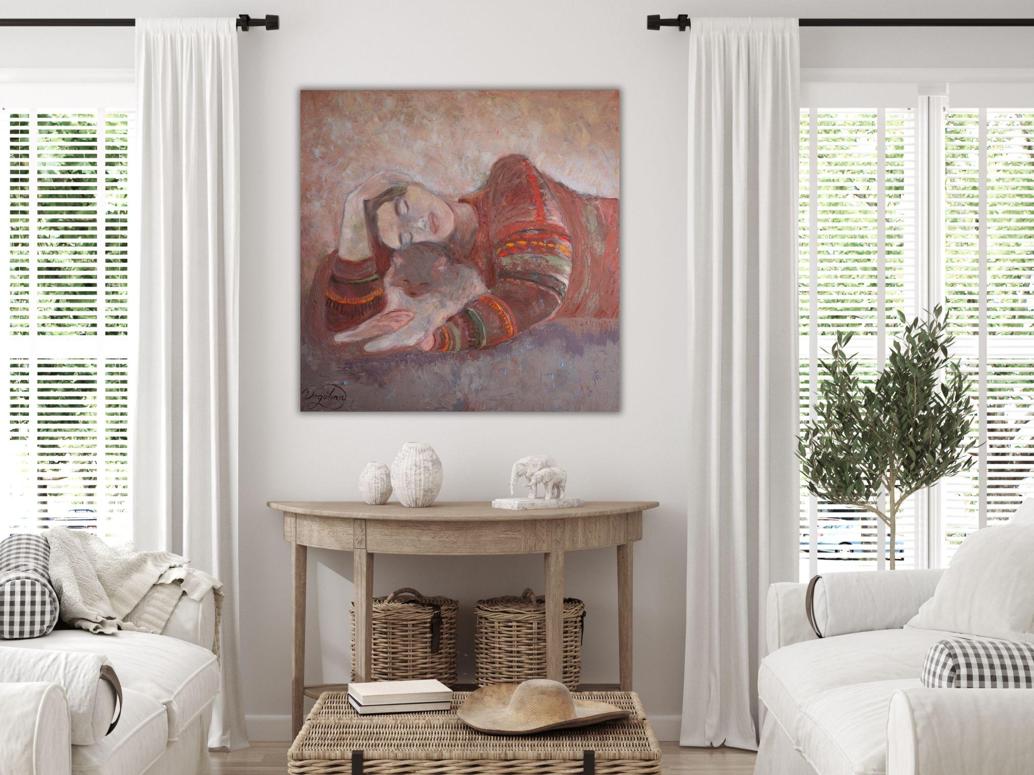 Fragilità Quadro originale con ragazza e gatto Dolce casa Arte rilassante 7