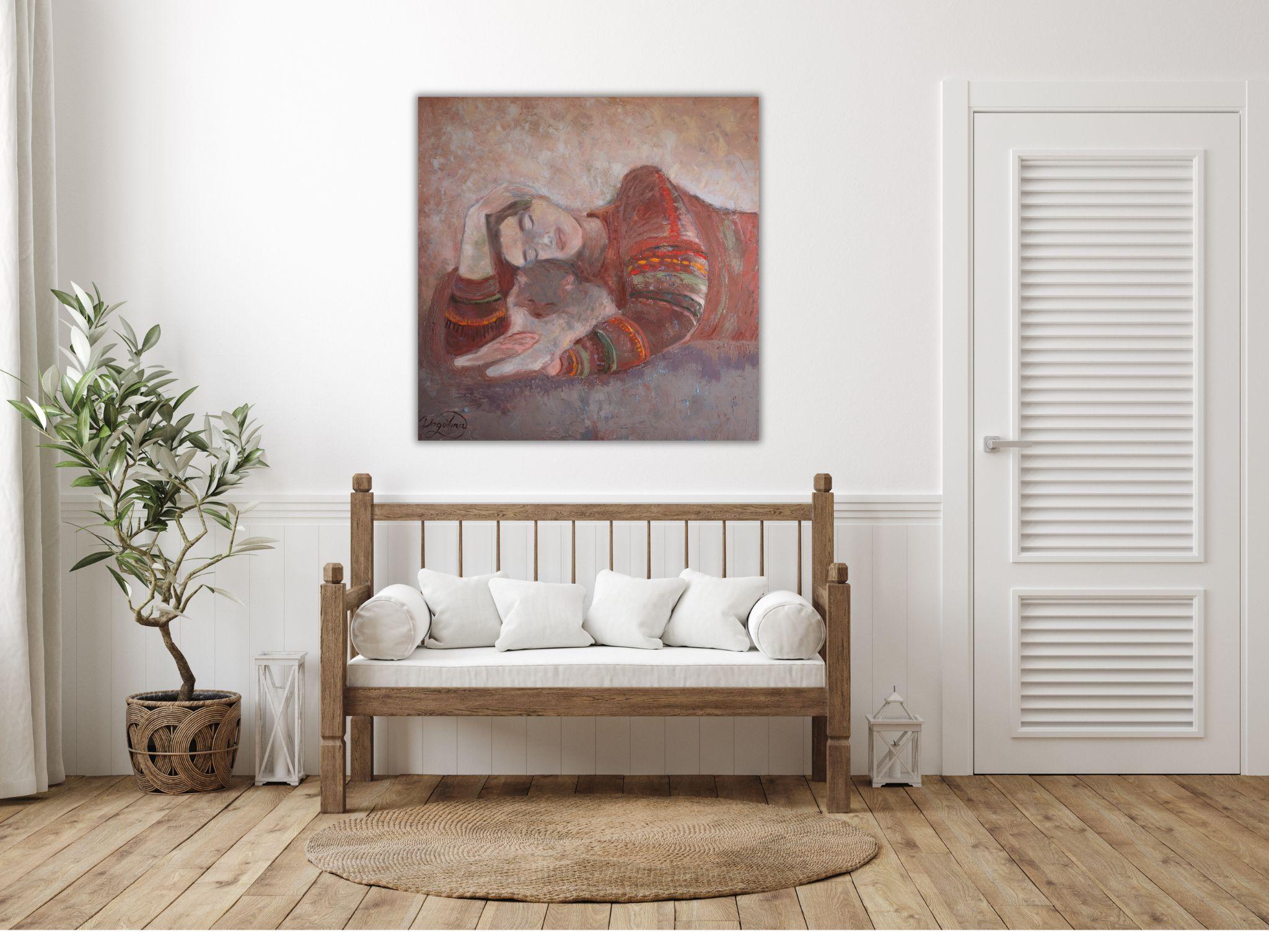 Fragilità Quadro originale con ragazza e gatto Dolce casa Arte rilassante 10