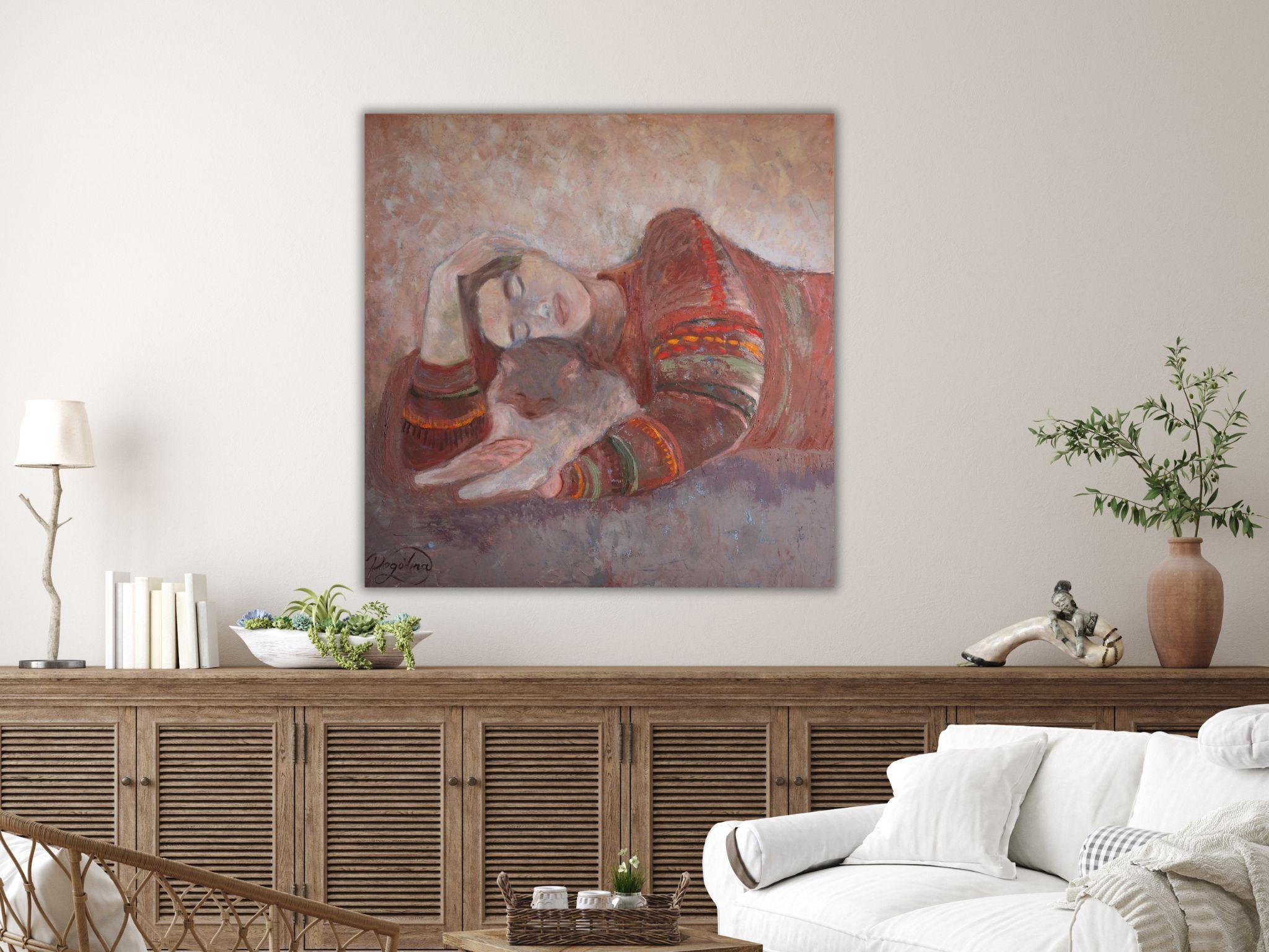 Fragilità Quadro originale con ragazza e gatto Dolce casa Arte rilassante 9