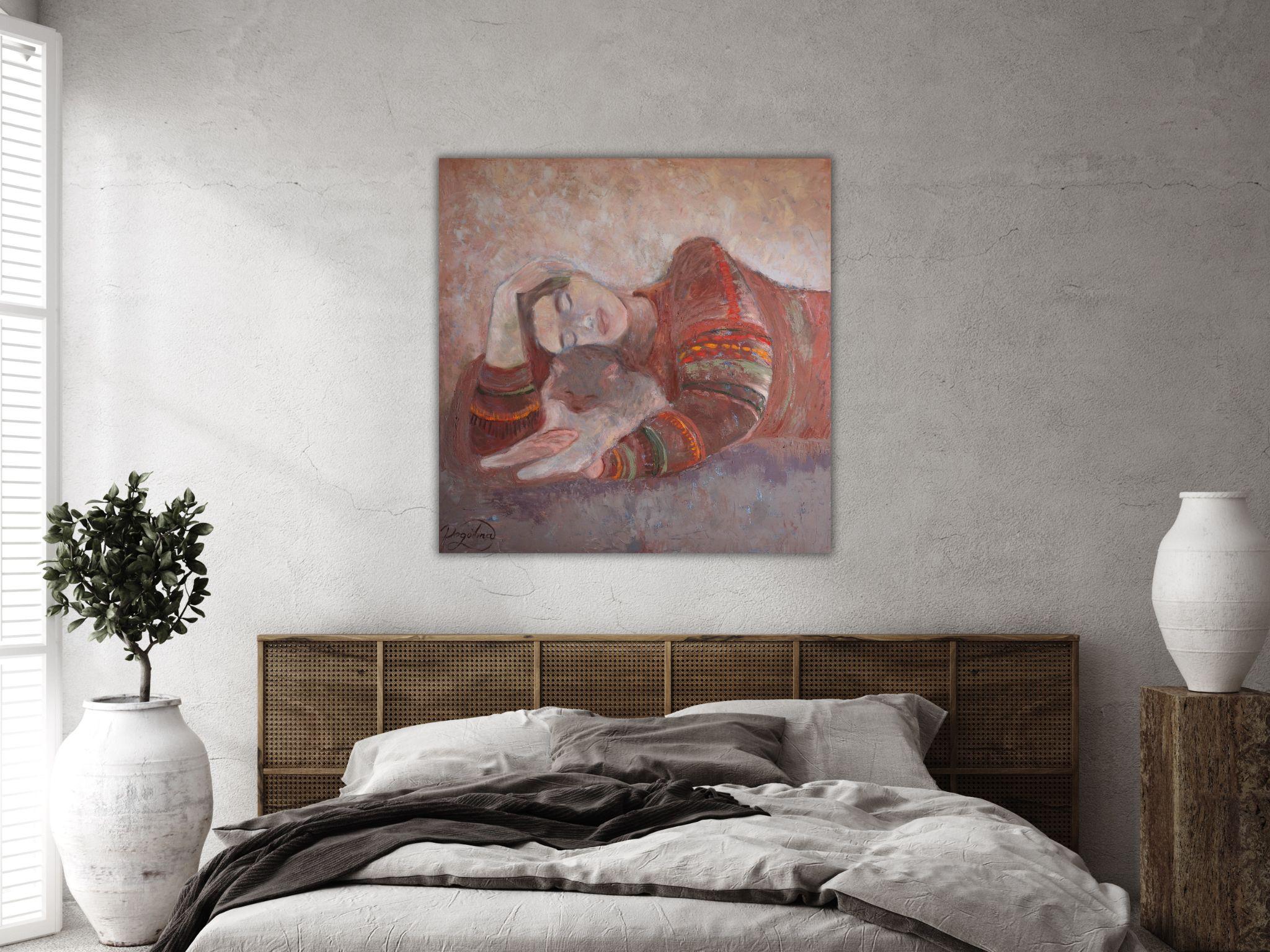 Fragilità Quadro originale con ragazza e gatto Dolce casa Arte rilassante 8