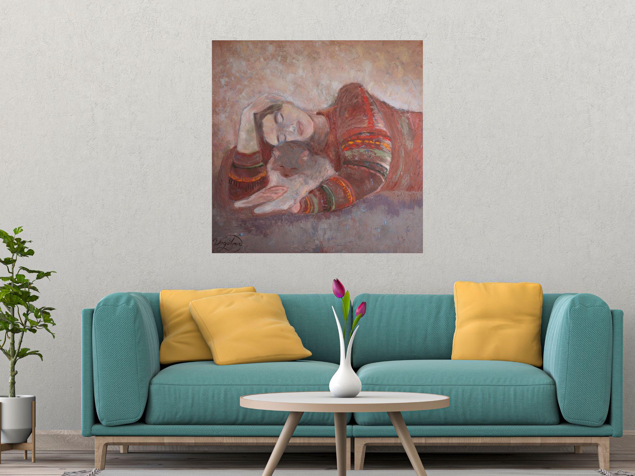 Fragilità Quadro originale con ragazza e gatto Dolce casa Arte rilassante 11