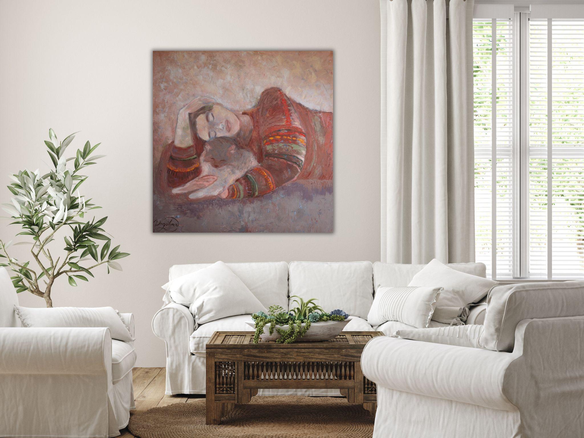 Fragilità Quadro originale con ragazza e gatto Dolce casa Arte rilassante 12