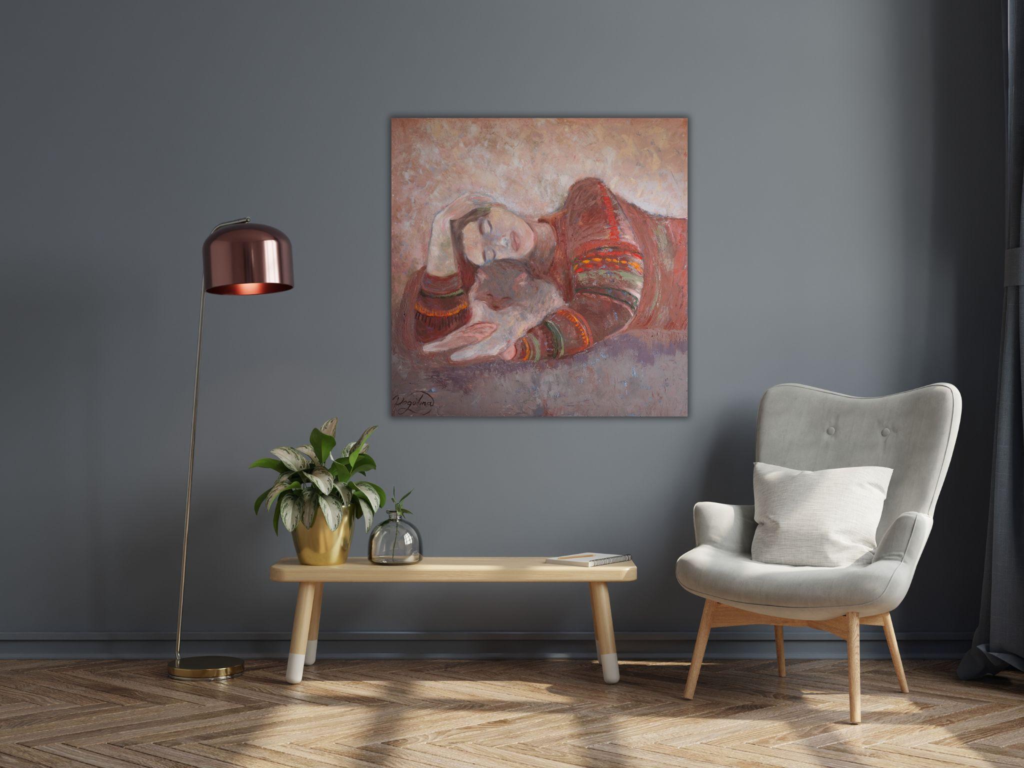 Fragilità Quadro originale con ragazza e gatto Dolce casa Arte rilassante 13