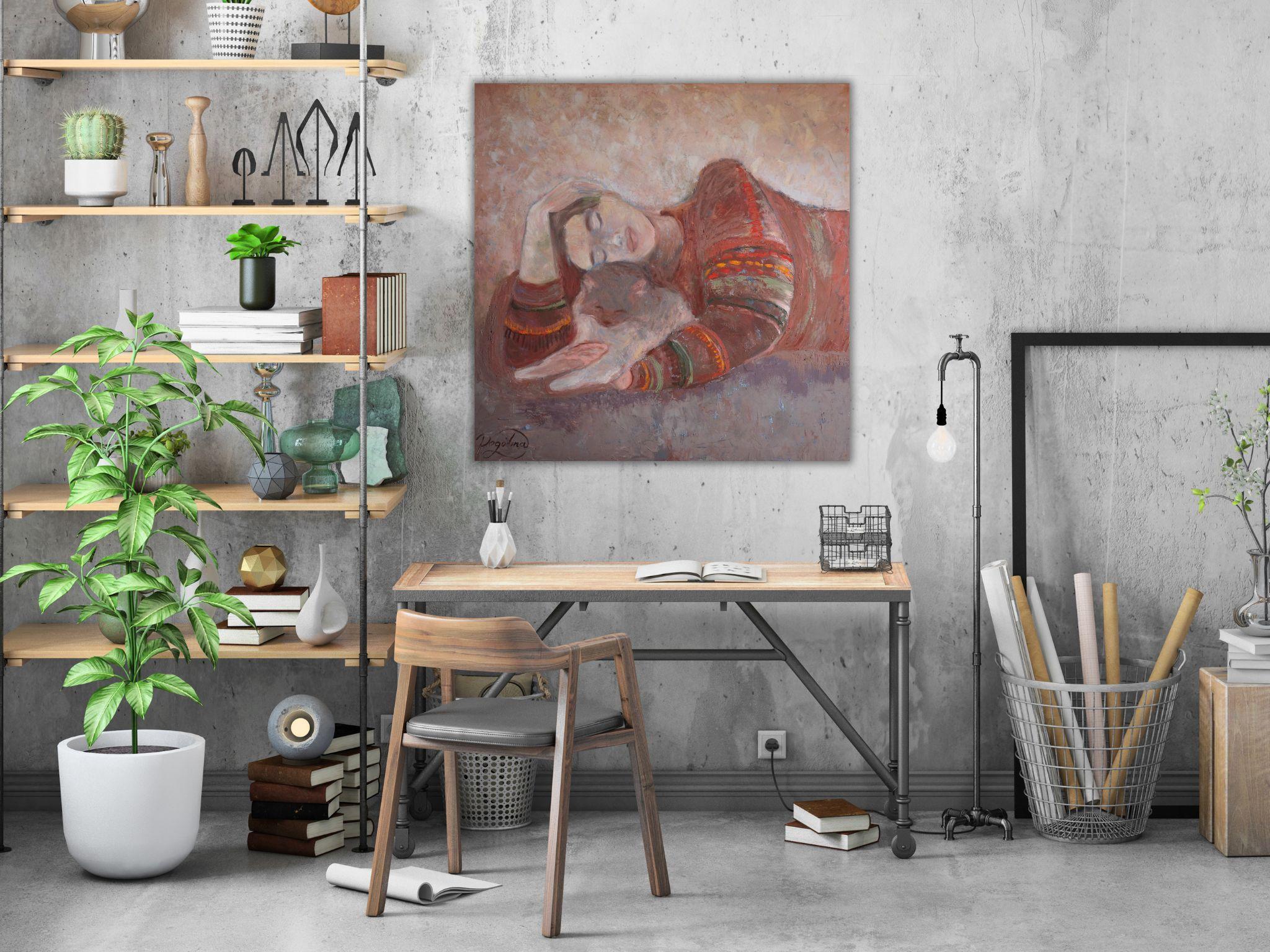 Fragilità Quadro originale con ragazza e gatto Dolce casa Arte rilassante 14