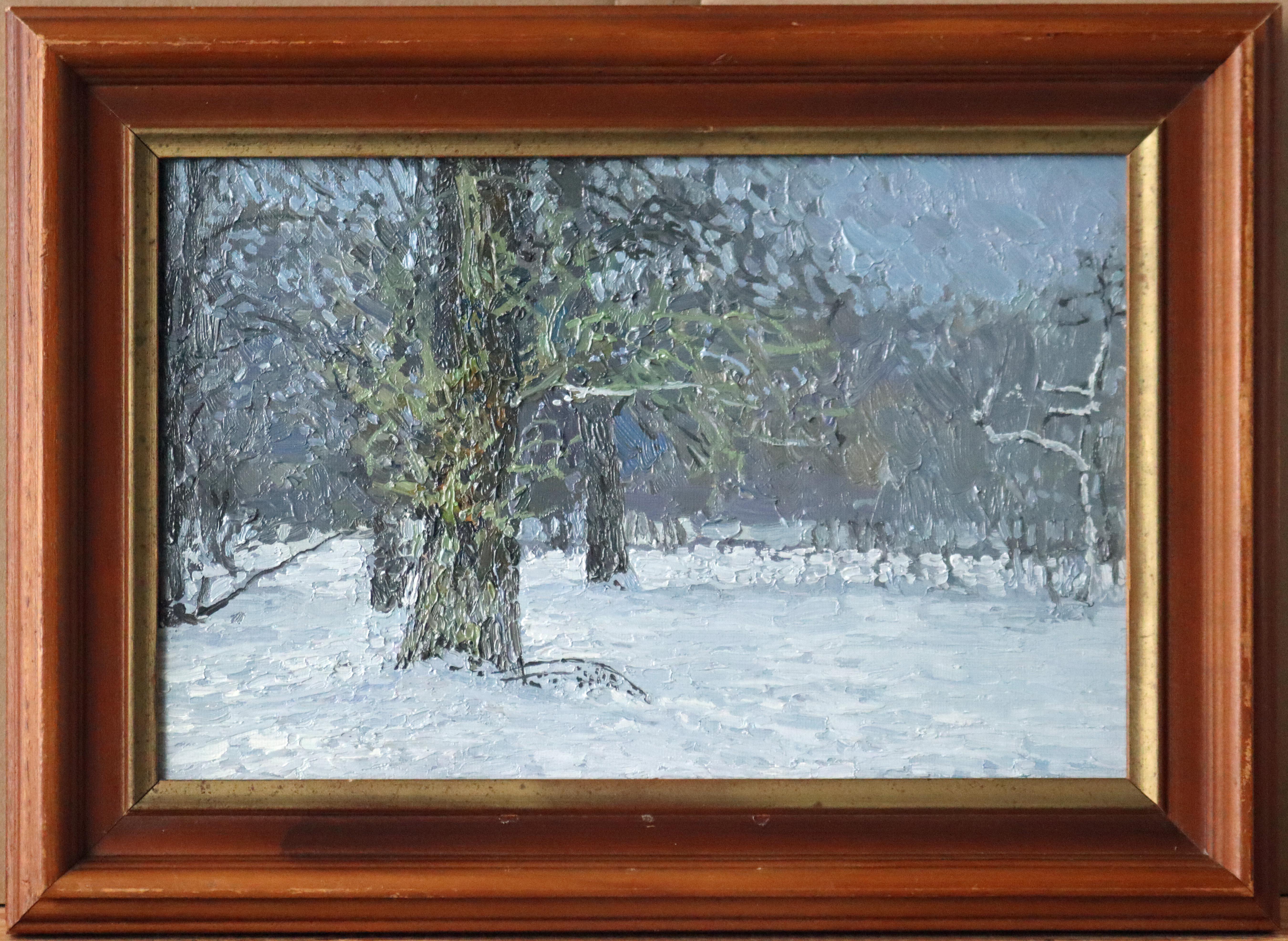 December. Old poplar in Tsaritsyno. Winter Impressionist Oil landscape with tree For Sale 4