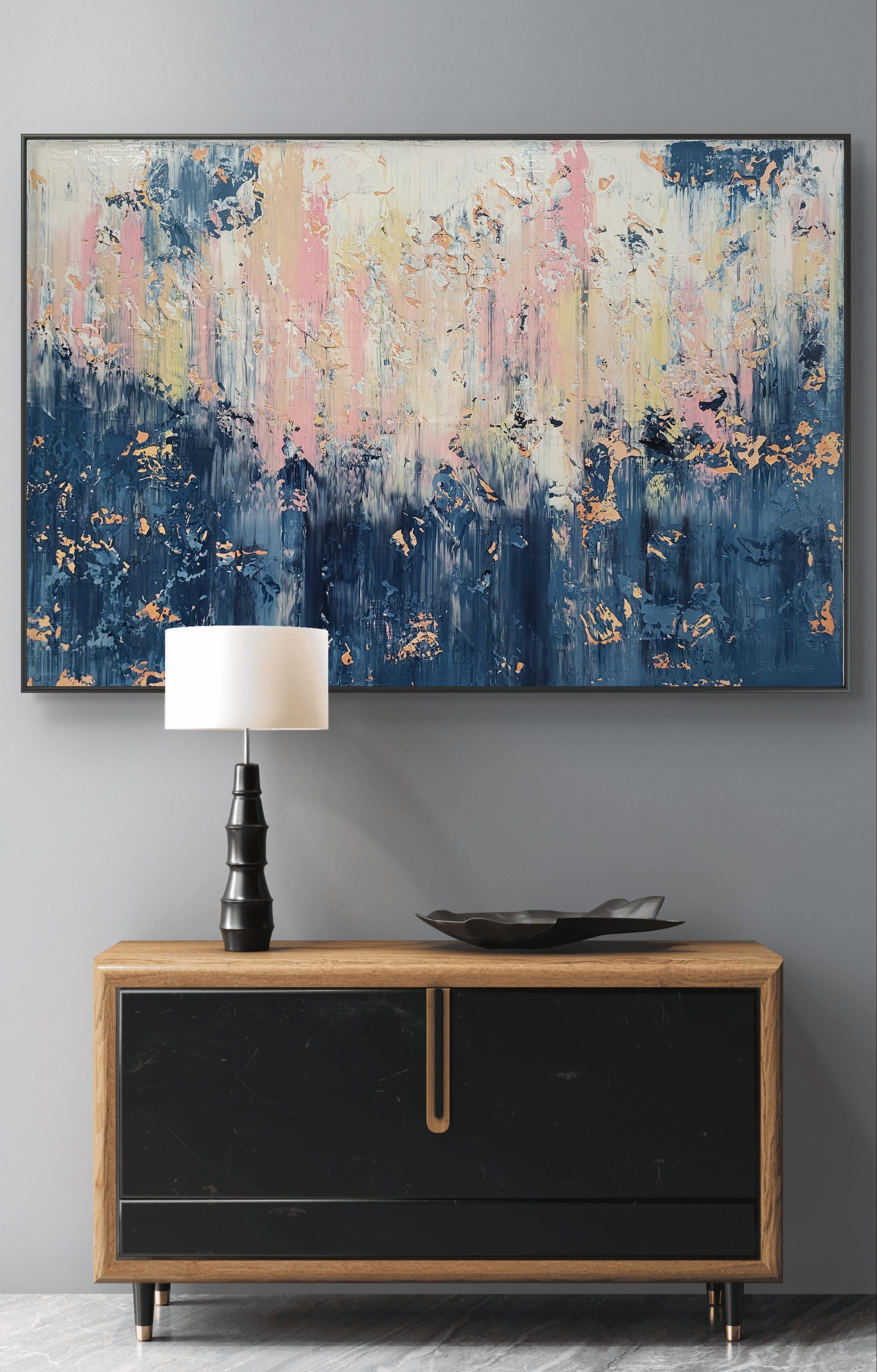 In creating this artwork, I harnessed the raw energy of nature's very own clash of calm and chaos. Swirls of soothing blues and shocking whites mirror the tranquility and turmoil found within us. Abrupt dashes of pink and gold interrupt, reminding