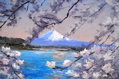 Fuji & Kirschblüten, Kawaguchiko, impressionistisches Ölgemälde auf Leinwand, 2010