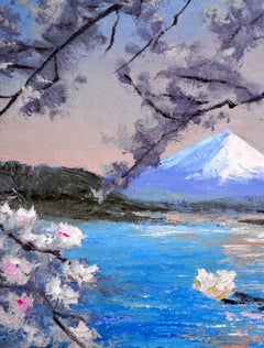 Fuji & Kirschblüten, Kawaguchiko, impressionistisches Ölgemälde auf Leinwand, 2010