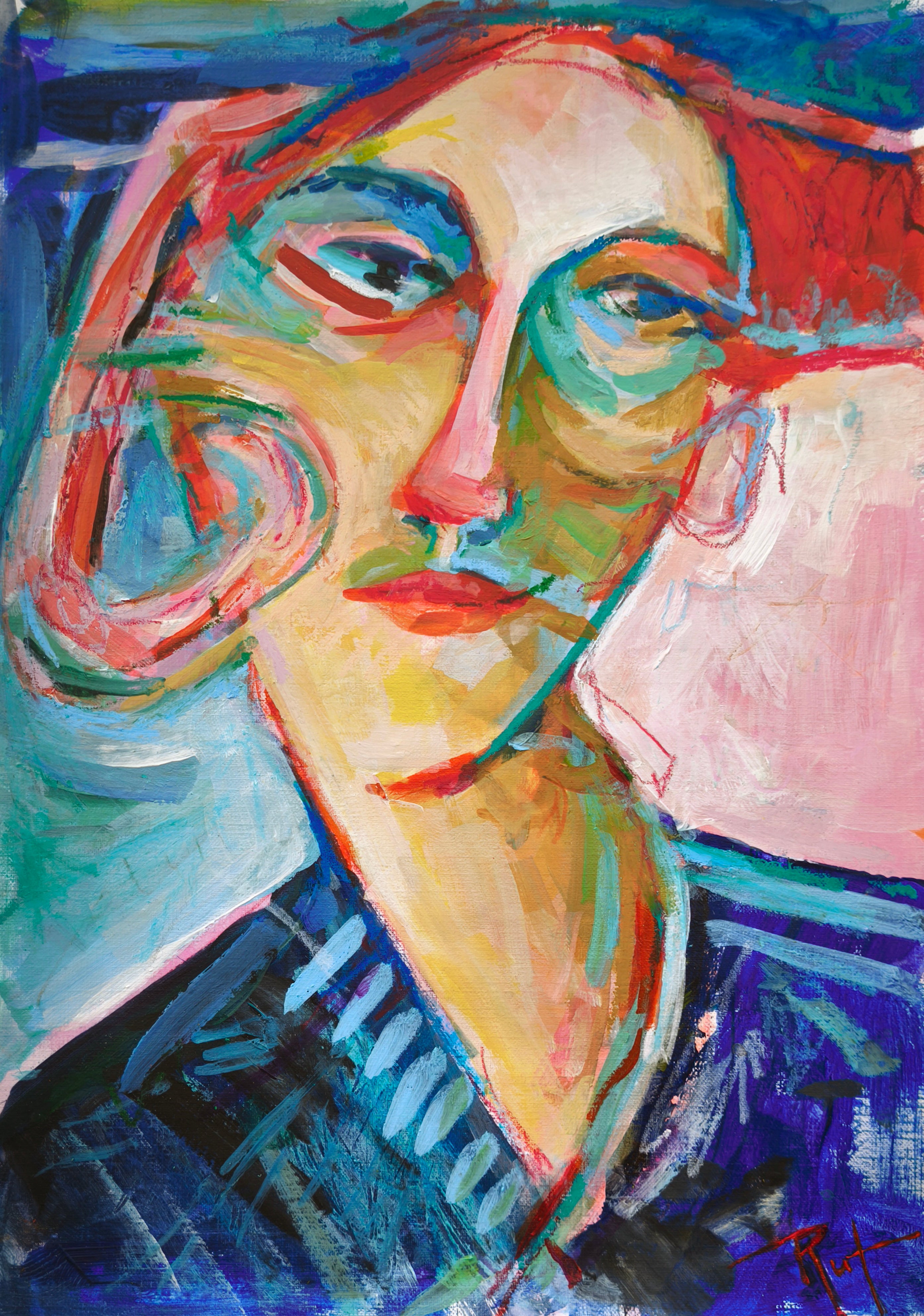 Julia Ruf Figurative Painting - Expressive Female Portrait. Into the Wind