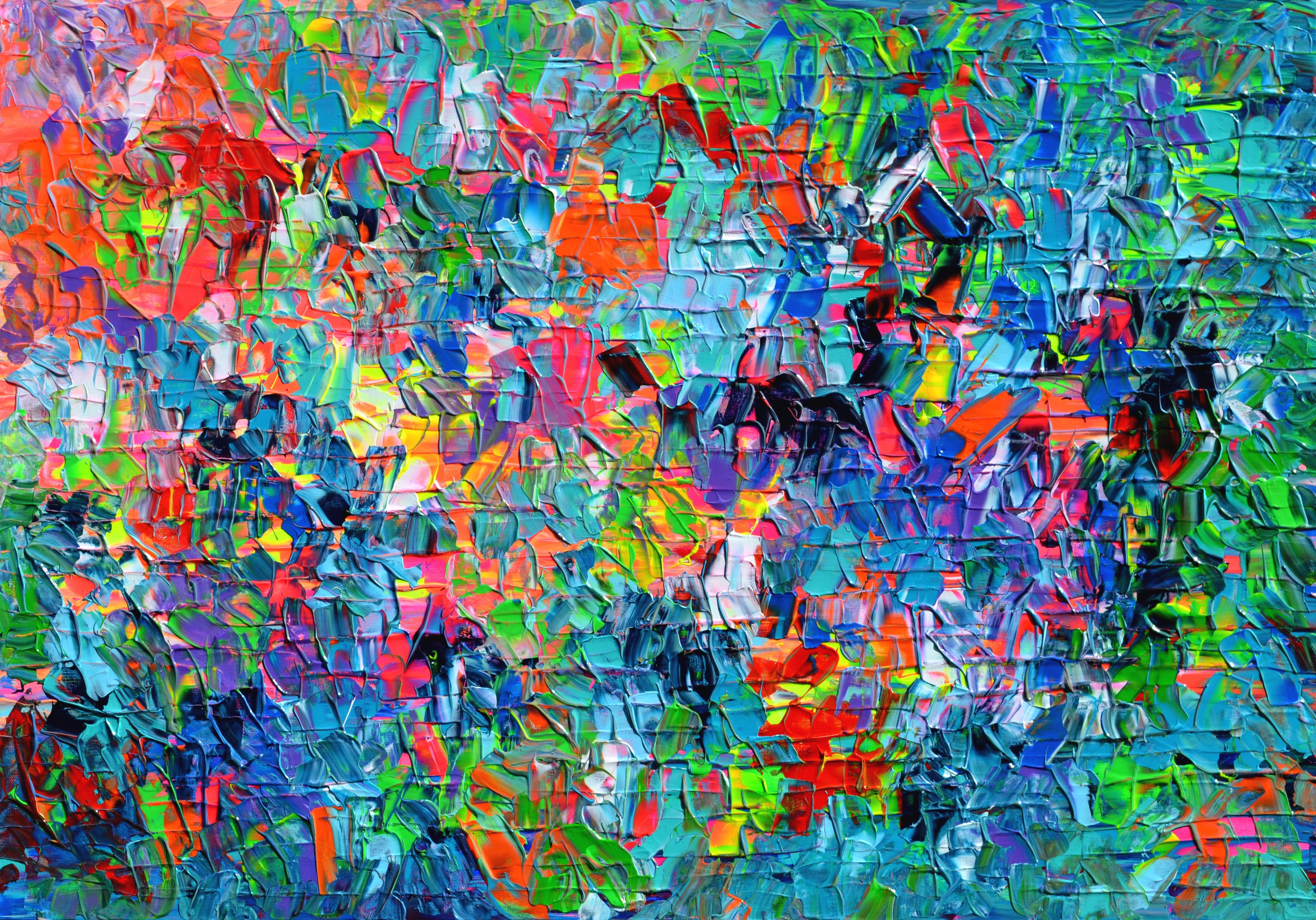 In this very beautiful large colorful, bold, vivid abstract painting I was inspired by my painter palette. In this work you will find many neon nuances, many layers with heavy relief textures made with palette knife, vibrant and emotional