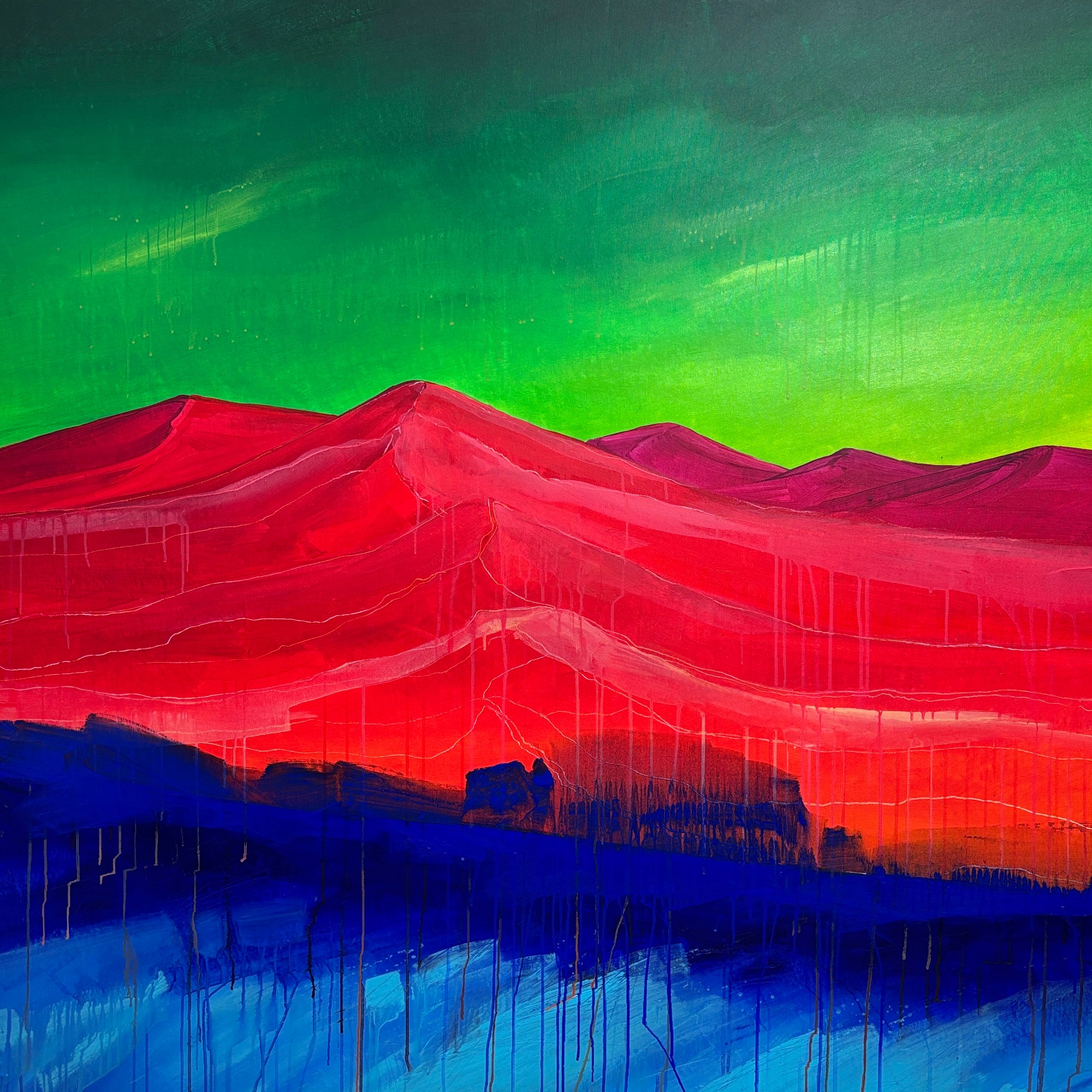 Lush Summer / 7 – Vibrant Crimson Mountain Landscape with Emerald Sky
