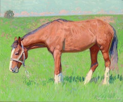 Rafaelka Oil Painting of Chestnut Horse in Meadow, 17.5x21 cm, Framed