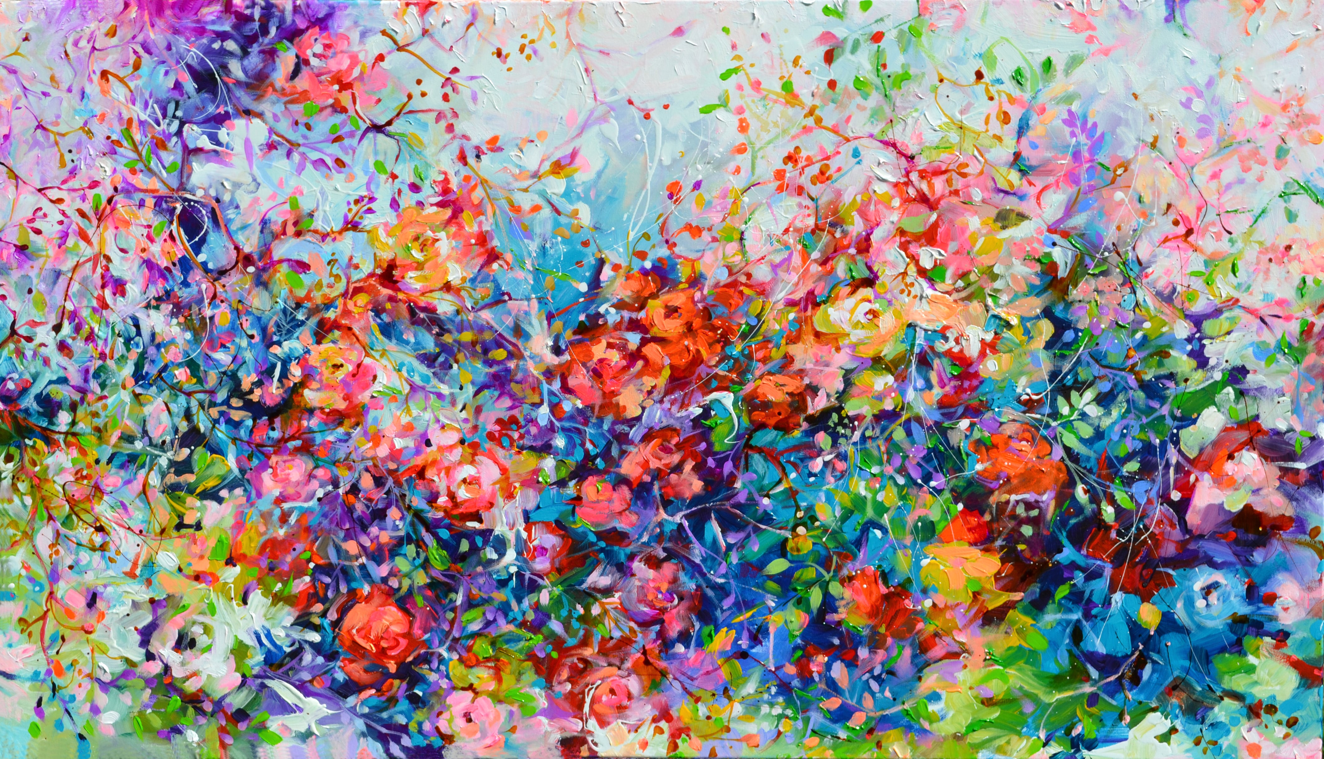 Roses Scattered by the Breeze - Large Spring Garden Rose Flower Field Signed