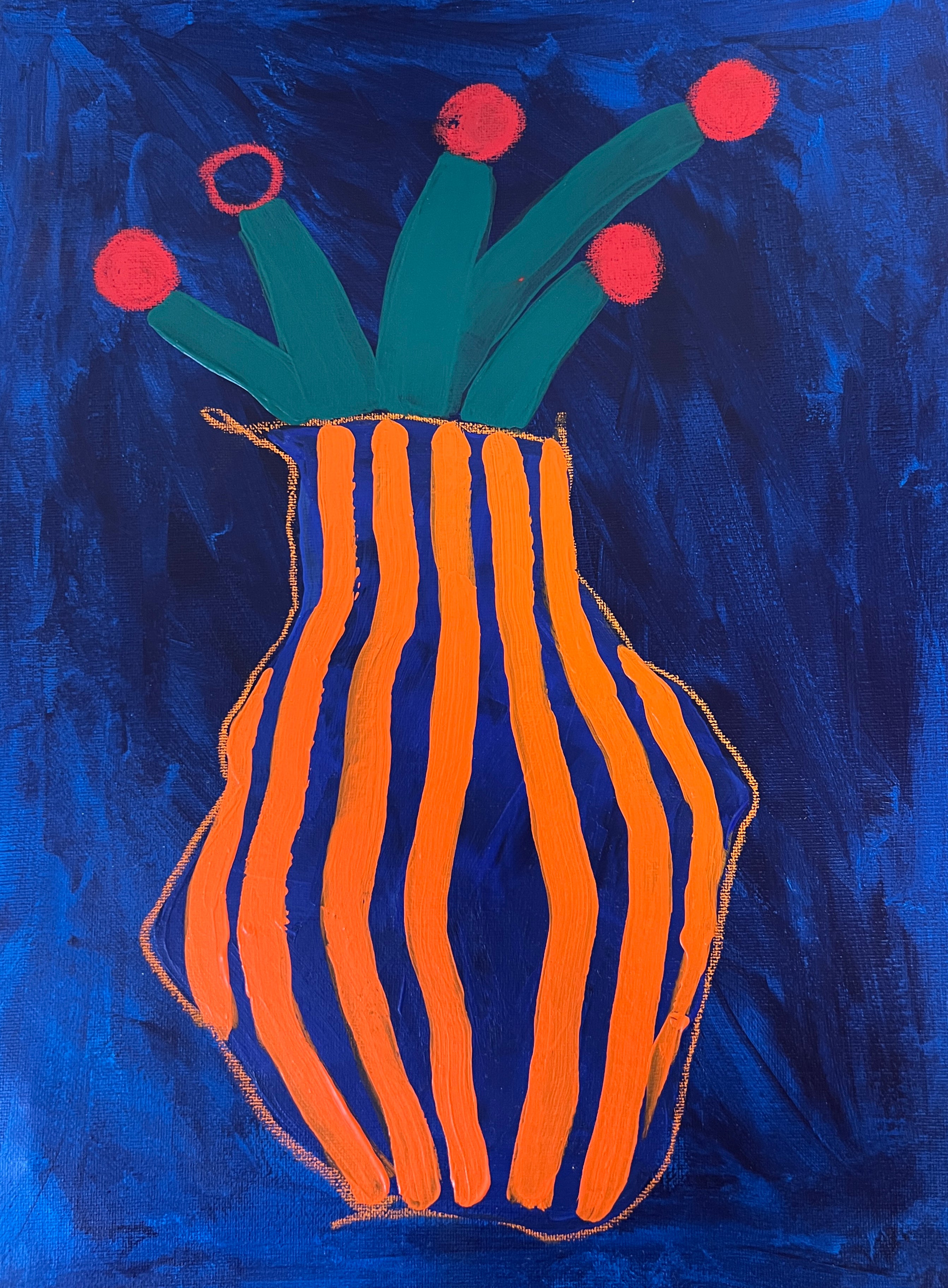 Sasha Robinson Abstract Painting – Orange-blau gestreifte Vase
