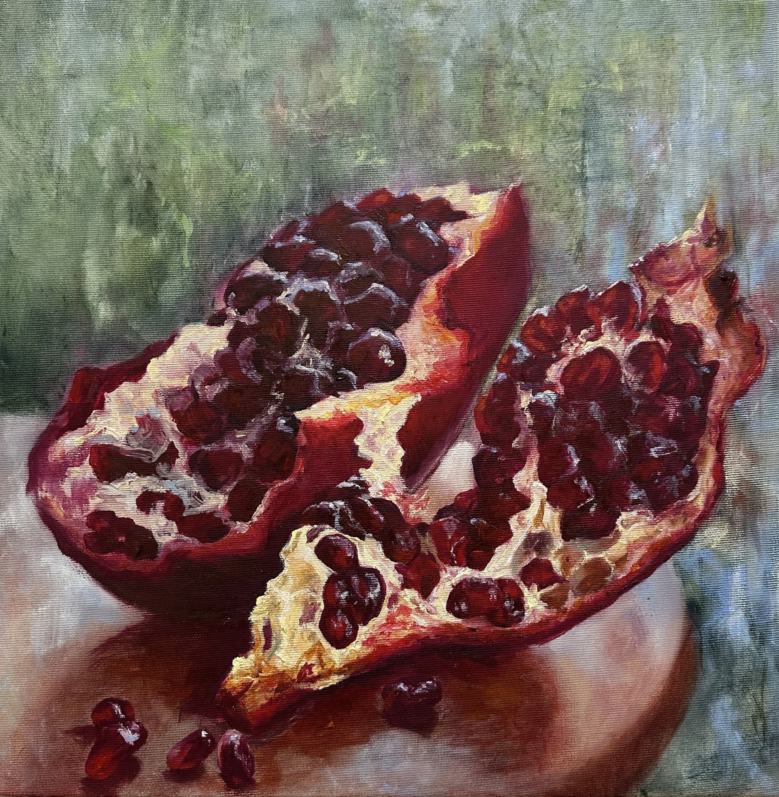 Pintura al óleo original de una granada  40 × 40 cm