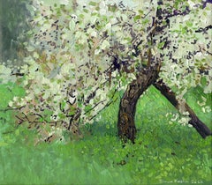 The cherry tree is in bloom, Painting, Oil on Canvas, Signed, 20th Century