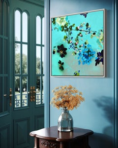 Shade and Breeze - emerald  green painting on linen canvas with 3d flowers