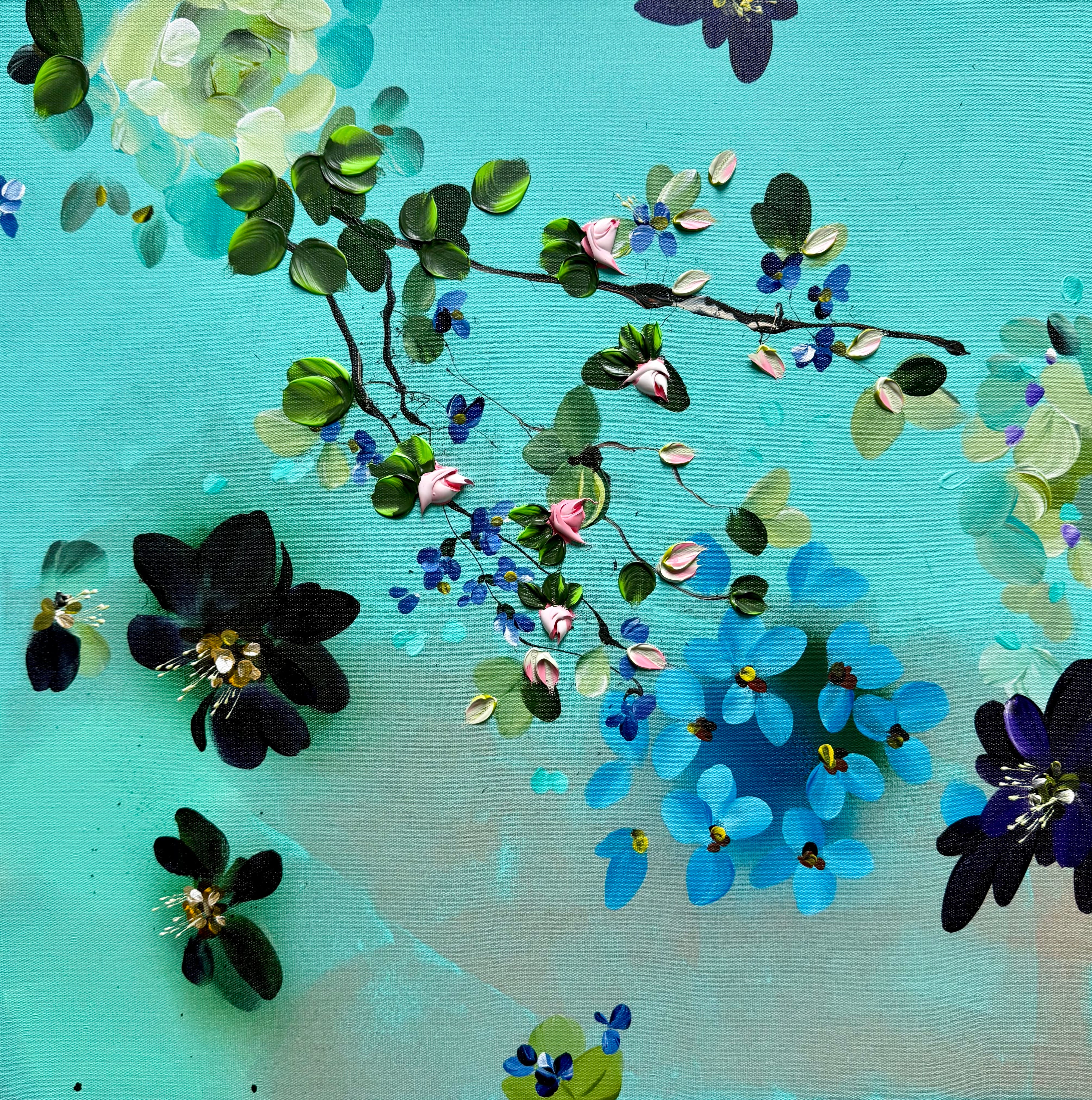 Anastassia Skopp Abstract Painting – Schatten und Brise – Smaragd  Grünes Gemälde auf Leinen mit 3D-Blumen