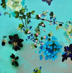 Shade and Breeze - emerald  green painting on linen canvas with 3d flowers