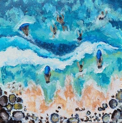 Swimmers Diving into Turquoise Sea from Rocky Shore