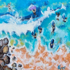 Swimmers in Turquoise Ocean Waves Aerial Coastal View Rocky Beach