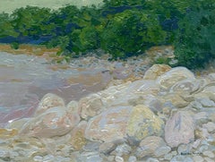 Rocky Shore Landscape Painting, Impressionistic, Signed, 15x20 cm