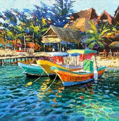 Evening Boats on the Island, Oil and Acrylic on Canvas, 60cm x 60cm