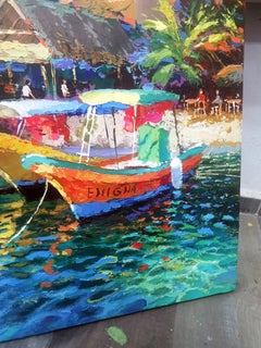 Evening Boats on the Island, Oil and Acrylic on Canvas, 60cm x 60cm