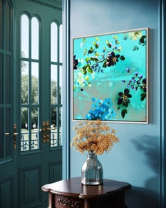 Shade and Breeze II - emerald  green painting on linen canvas with 3d flowers