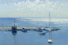 Hintergrundbeleuchtung. Hafen von Bali, impressionistisches Ölgemälde auf Leinwand, gerahmt, 2010–