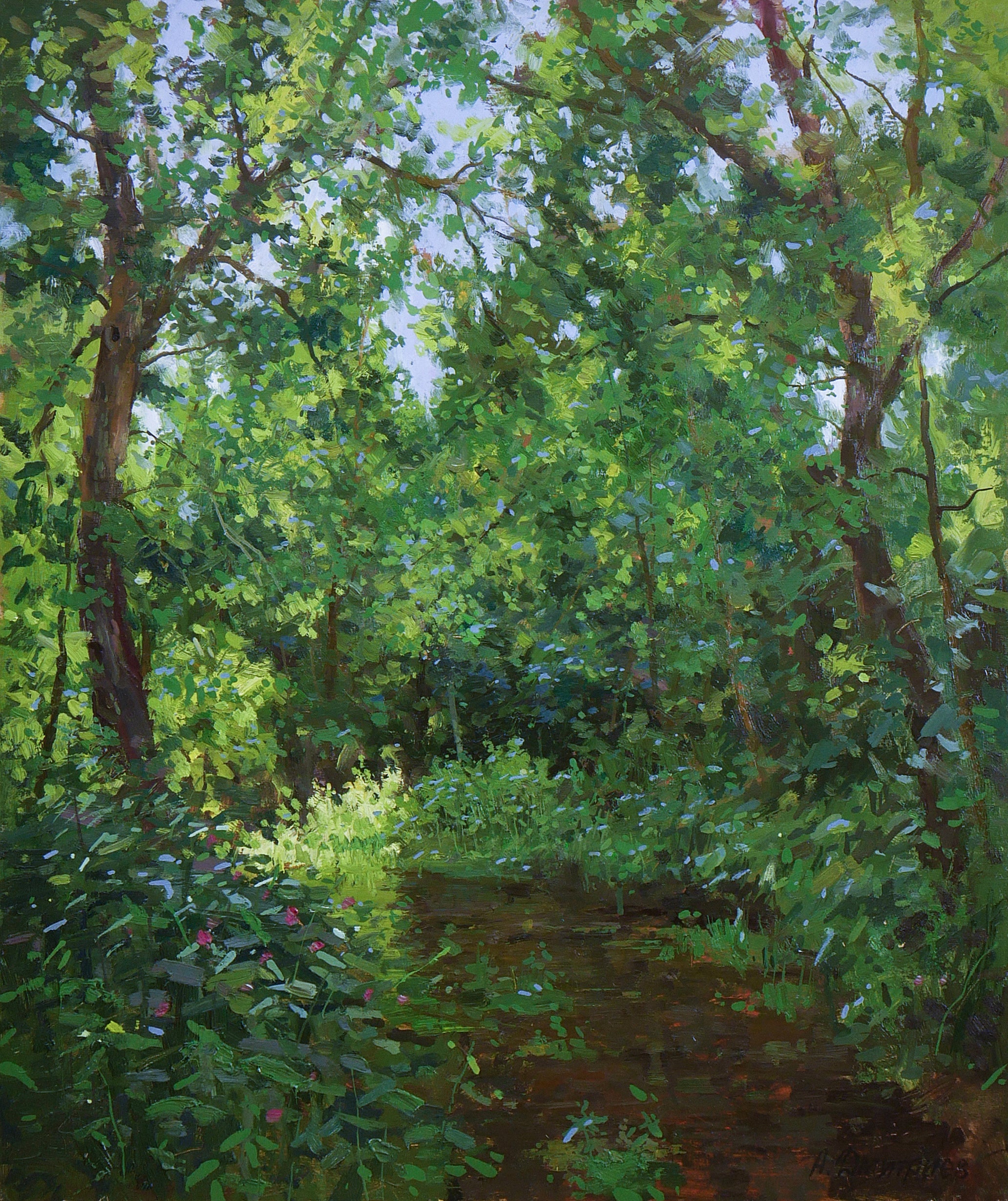 Andrey Dmitriev Landscape Painting - Coolness Of The Summer River Elchik