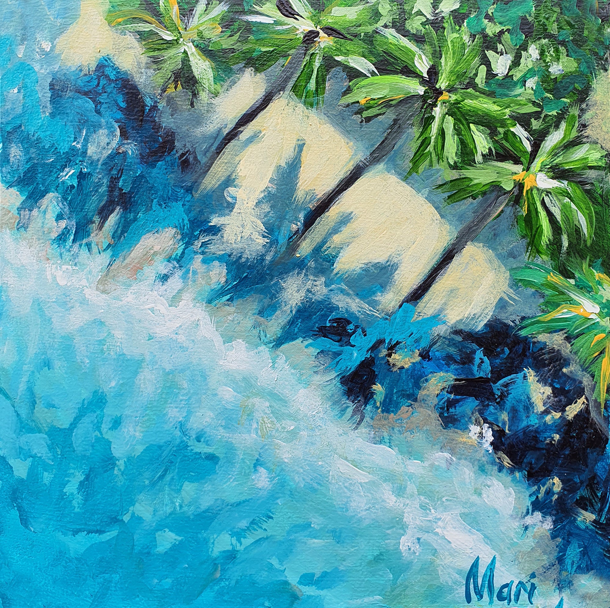 Marina Fisher Landscape Painting - Tropical Palm Trees Above Turquoise Ocean Waves Rocky Shore Coastal Seascape