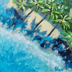 Tropical Palm Trees Above Turquoise Ocean Waves Rocky Shore Coastal Seascape