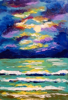 Moonlit Ocean Waves Seascape Painting Turquoise Sea Purple Night Sky Full Moon R