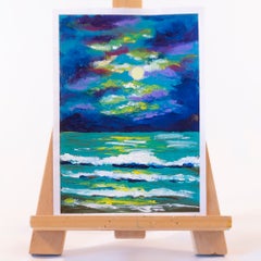 Moonlit Ocean Waves Seascape Painting Turquoise Sea Purple Night Sky Full Moon R