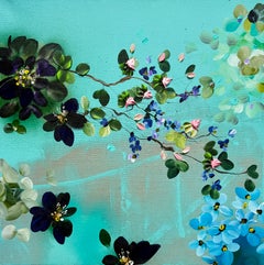 Shade and Breeze I - emerald  green painting on linen canvas with 3d flowers