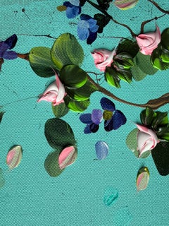 Sombra y brisa I - esmeralda Cuadro verde sobre lienzo de lino con flores en 3D