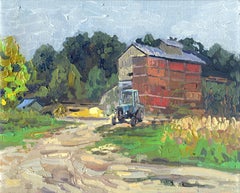 Un tractor azul en el aserradero. Pintura paisajística de Rodnya, óleo sobre lienzo, firmada