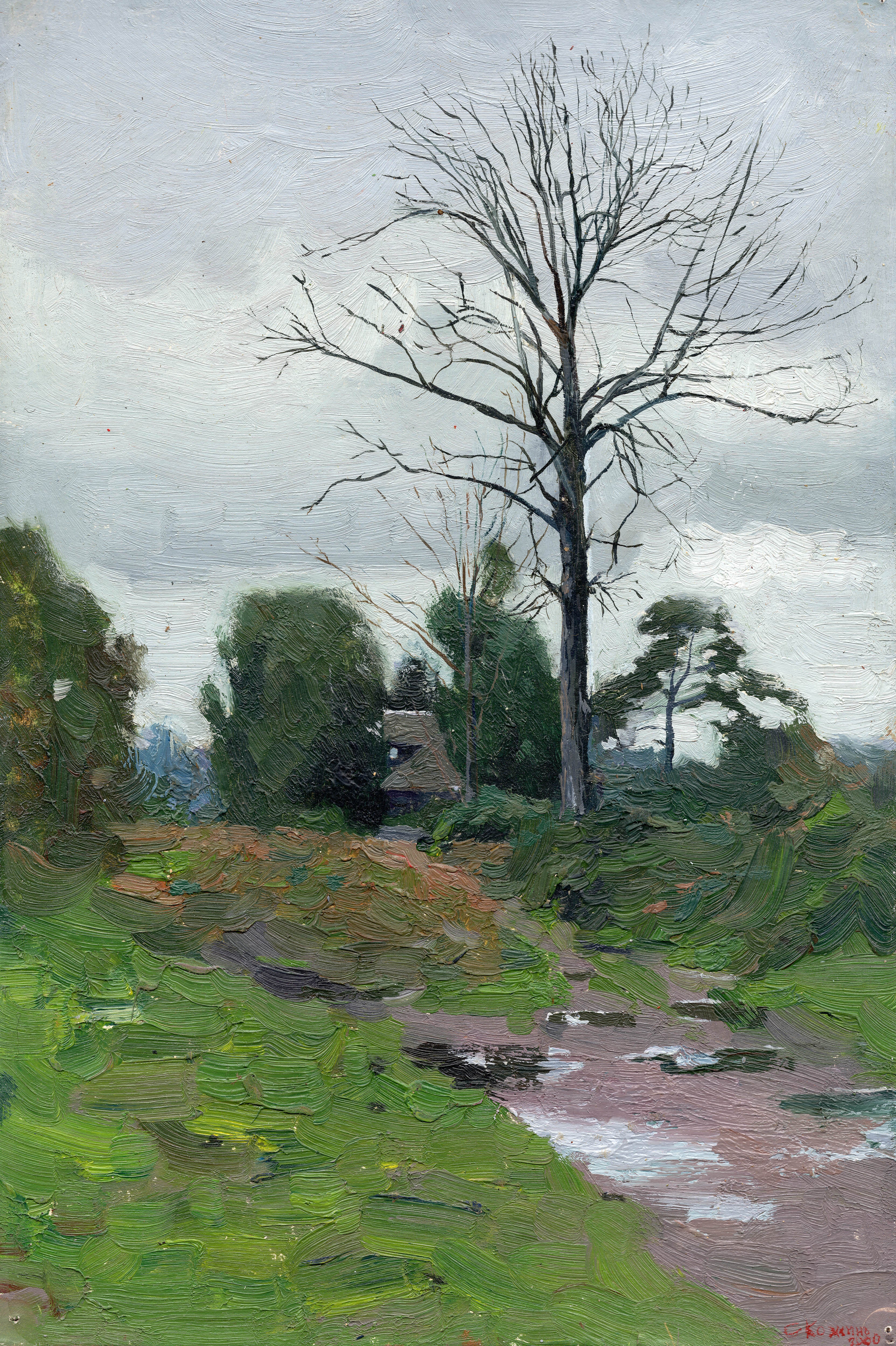 The artist painted this painting en plein air using the alla prima technique in the village of Karmanovo, Tver Oblast, in 2000. A solitary tree dominates this contemplative landscape. Its bare branches reach upward like fine ink strokes against a