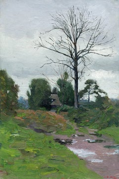 Peinture de paysage intitulée « Une journée maussade », huile sur panneau, 30 x 20 cm, signée, 2000