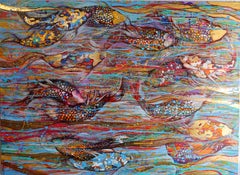 „Golden Koi“, Leinen, Öl, Acryl, 80 × 110 cm.