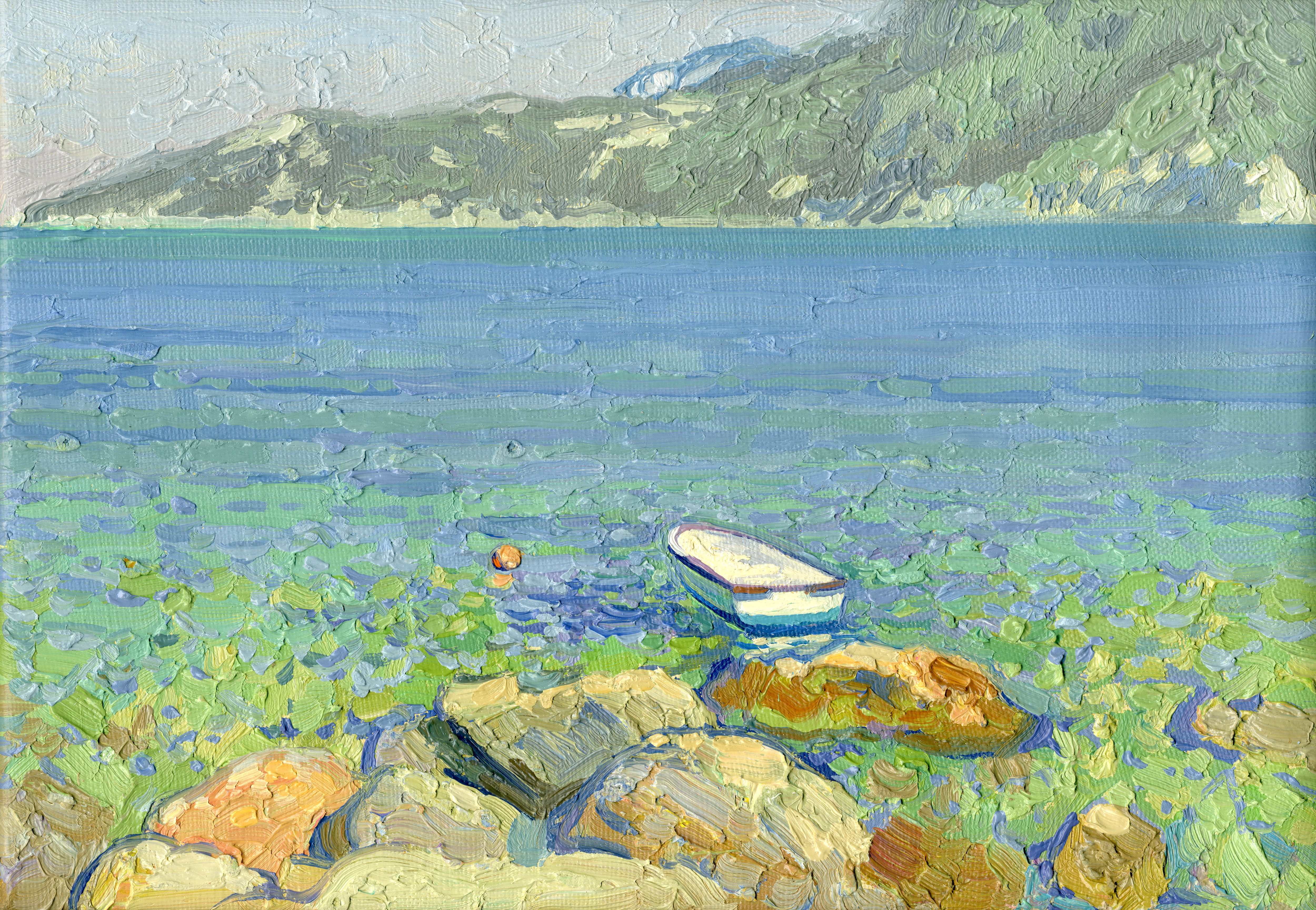 A boat near the rocks in Turunc Landscape Painting, Oil on Canvas, Signed, 2026